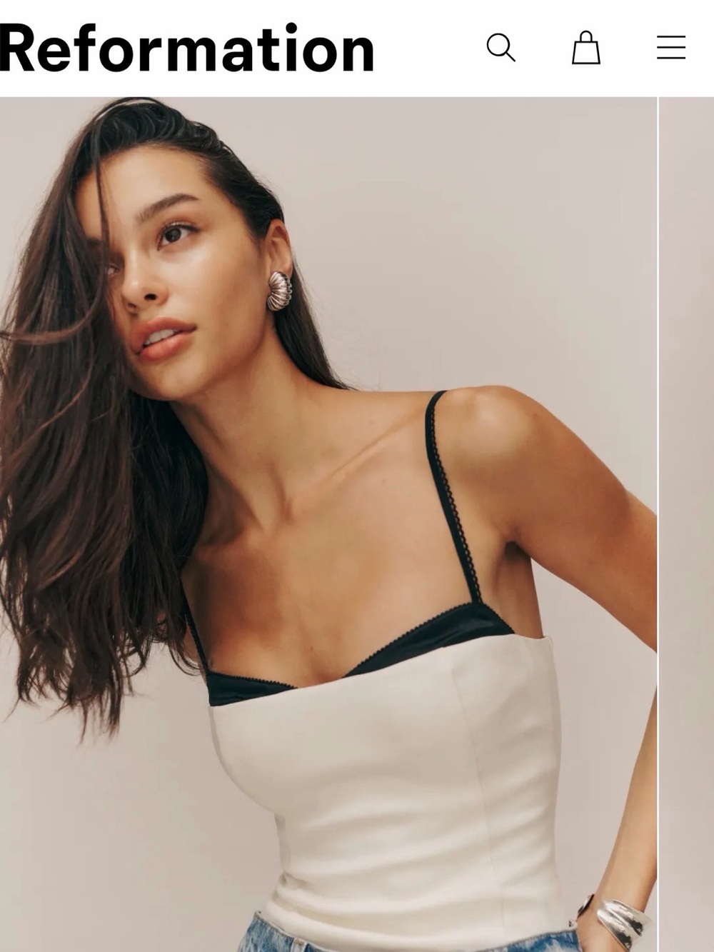 Reformation Cream Cami with Black Satin Trim